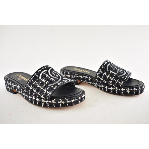 Chanel 20P Black White Tweed Mesh CC Logo Slide Slip Sandal Mule Heel Flat 36.5 - Picture 3 of 14
